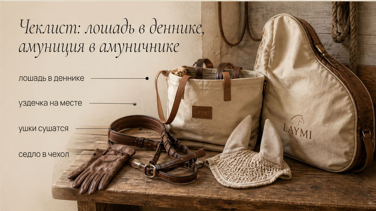Амуничник после урока: уздечка на крючке, ушки сушатся, чехол седла на полке